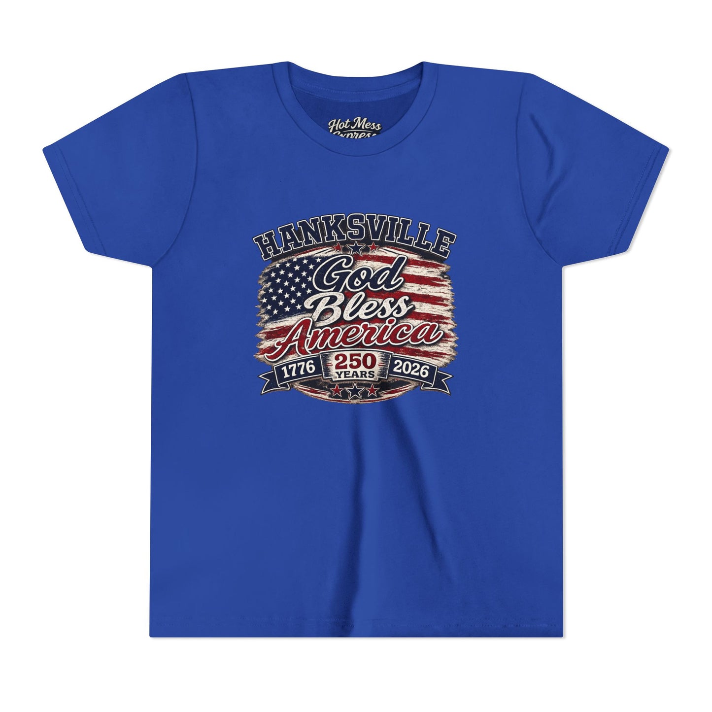 Youth Tee - "God Bless America" Patriotic Flag Design (Hanksville 1776–2026)