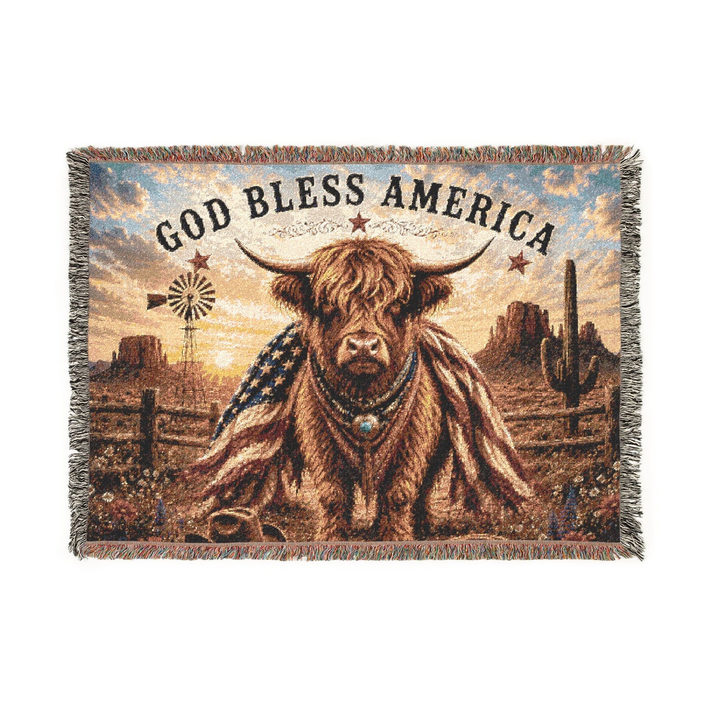God Bless America Highland Cow Woven Blanket — Patriotic Western Throw