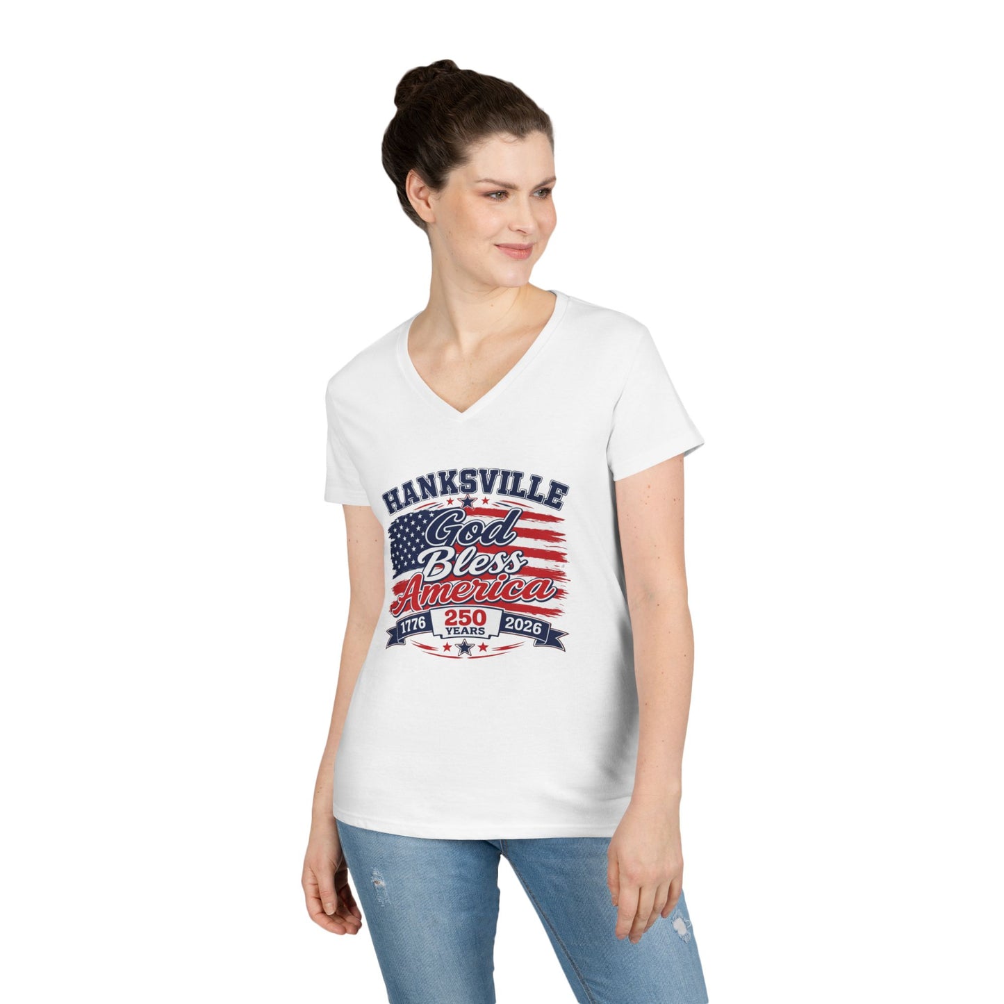 Ladies' V-Neck T-Shirt — Hanksville God Bless America 250th Anniversary Tee