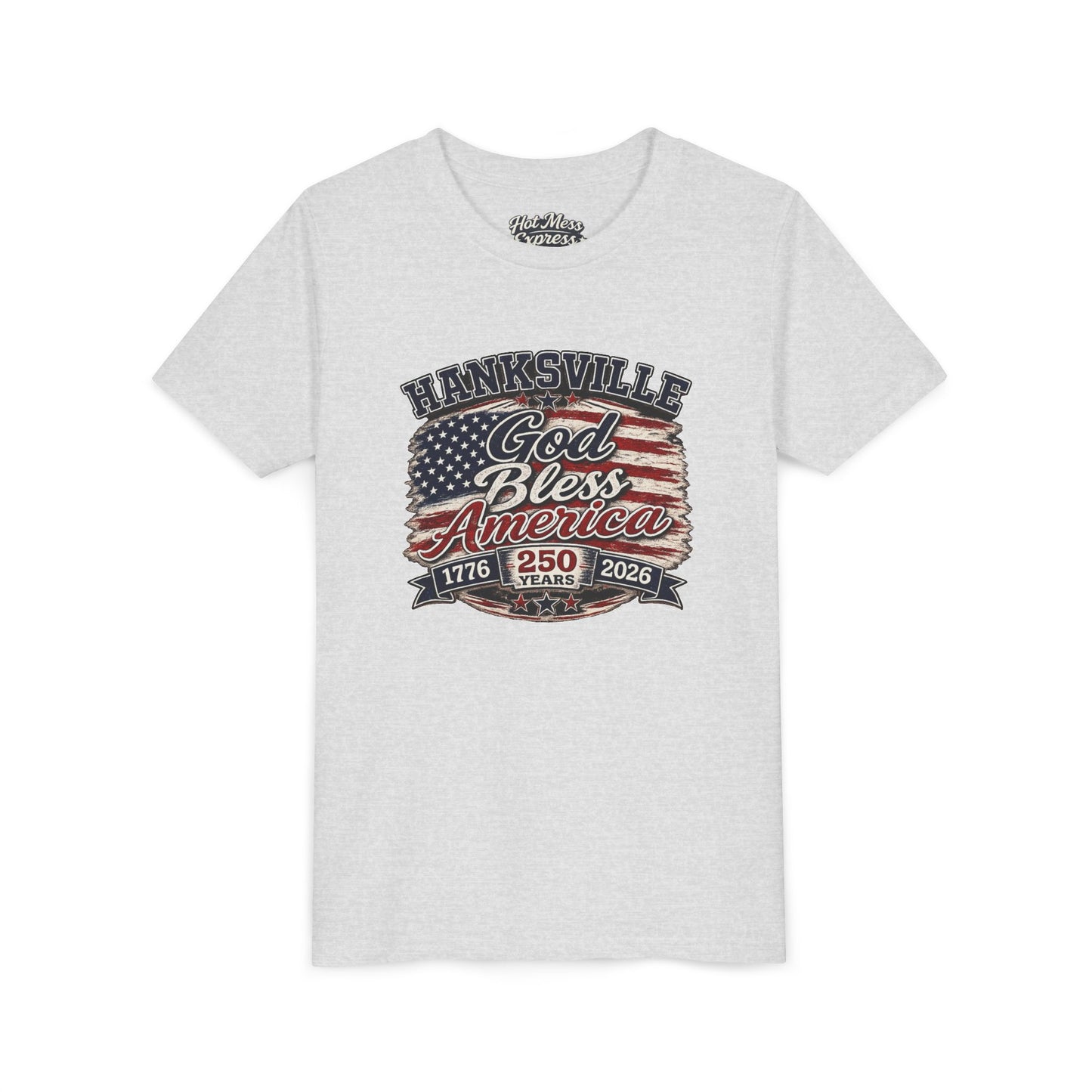 Youth Tee - "God Bless America" Patriotic Flag Design (Hanksville 1776–2026)