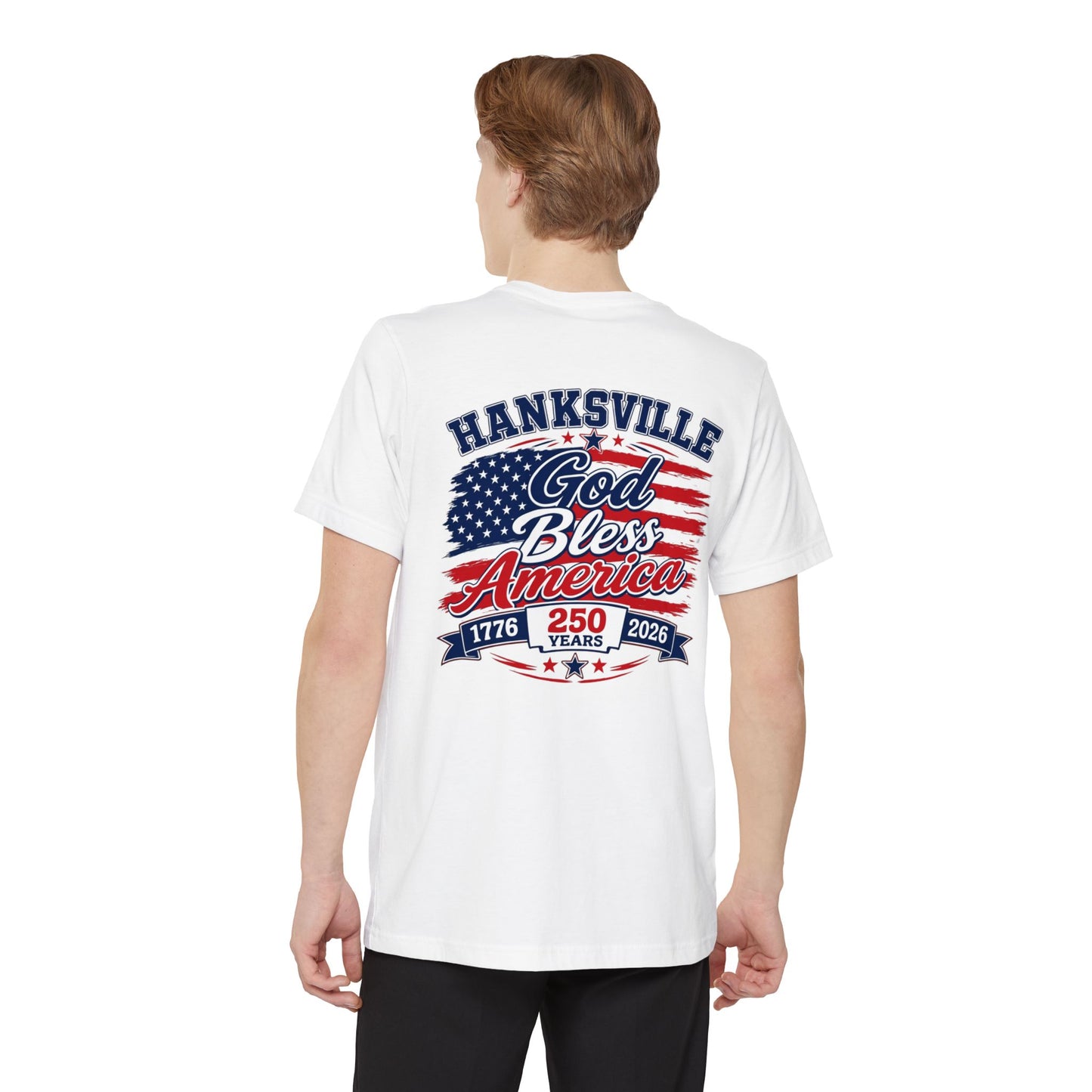 God Bless America Pocket T-Shirt – Hanksville 250th Anniversary Patriotic Tee