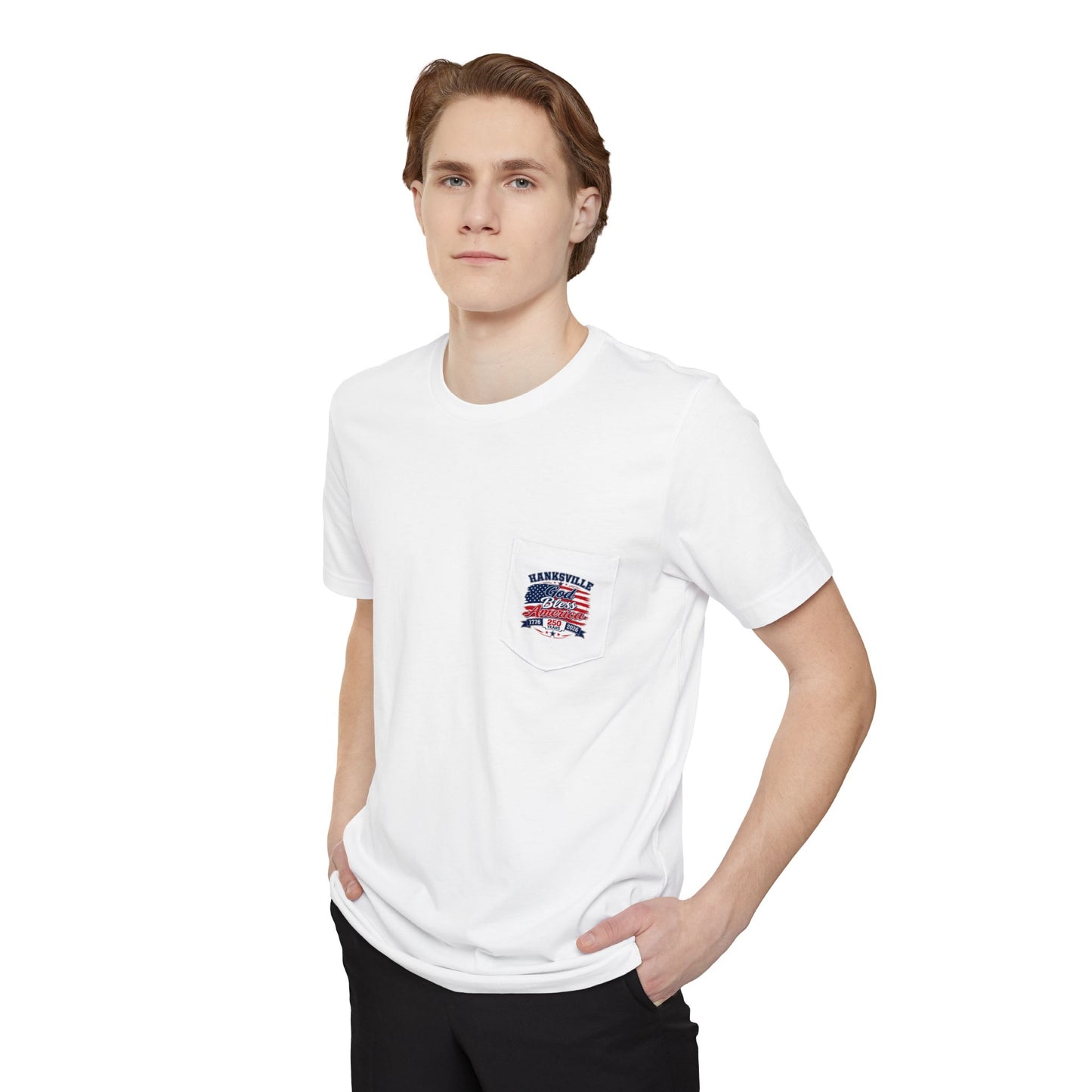 God Bless America Pocket T-Shirt – Hanksville 250th Anniversary Patriotic Tee