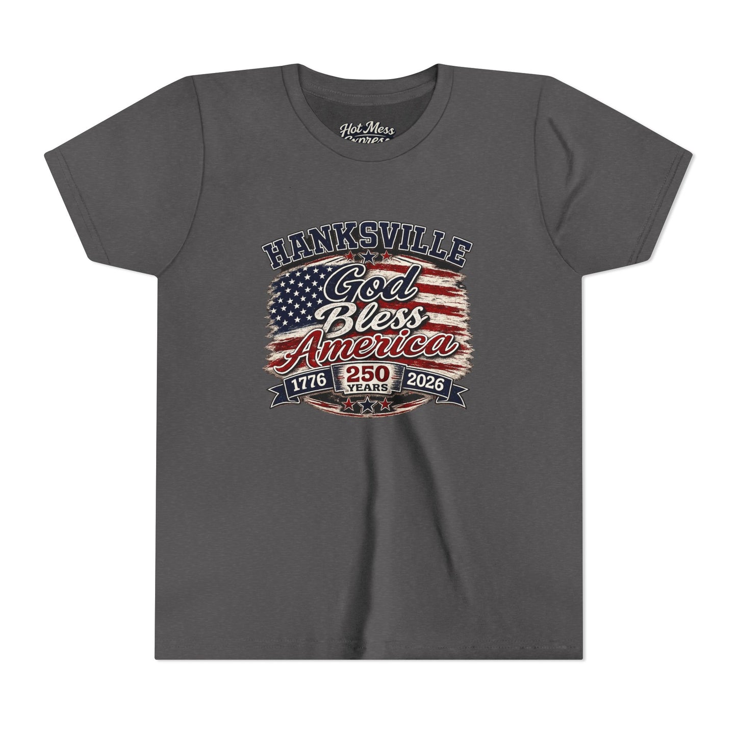 Youth Tee - "God Bless America" Patriotic Flag Design (Hanksville 1776–2026)