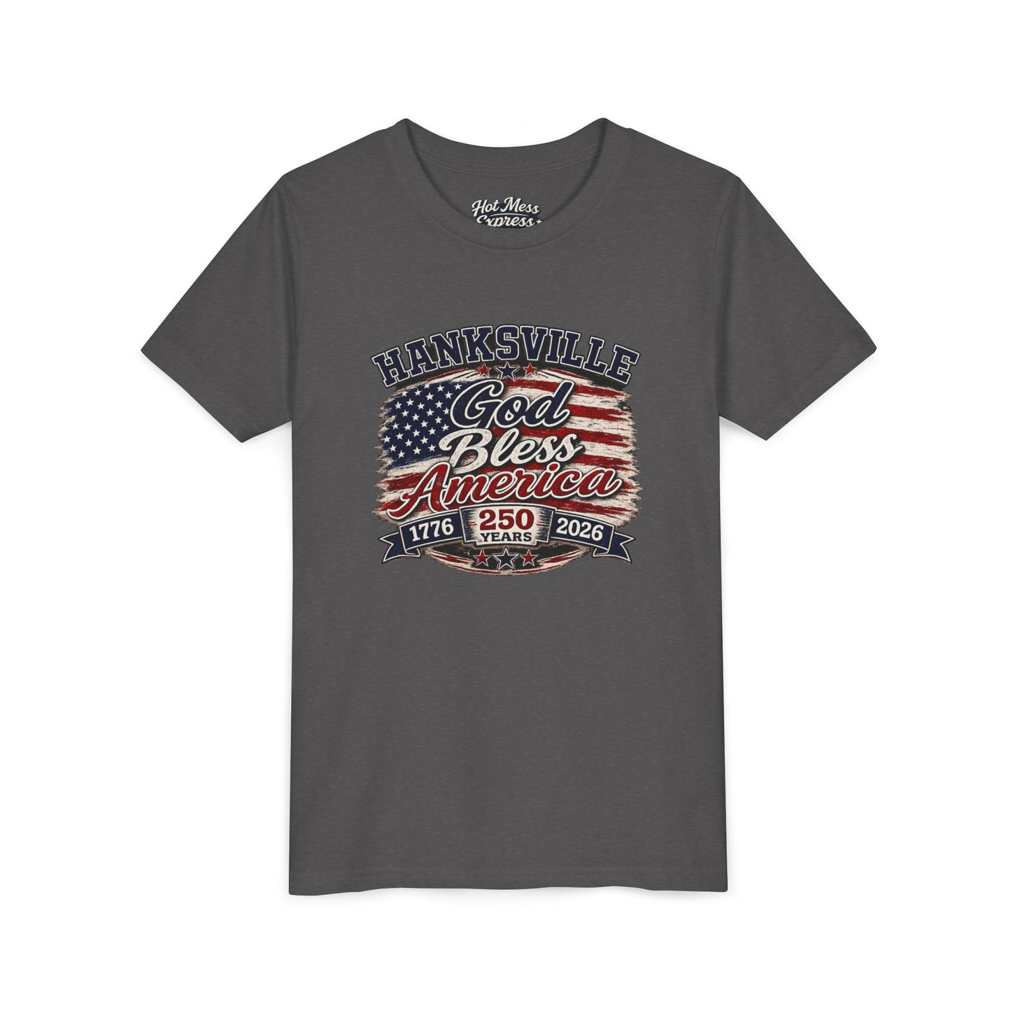 Youth Tee - "God Bless America" Patriotic Flag Design (Hanksville 1776–2026)