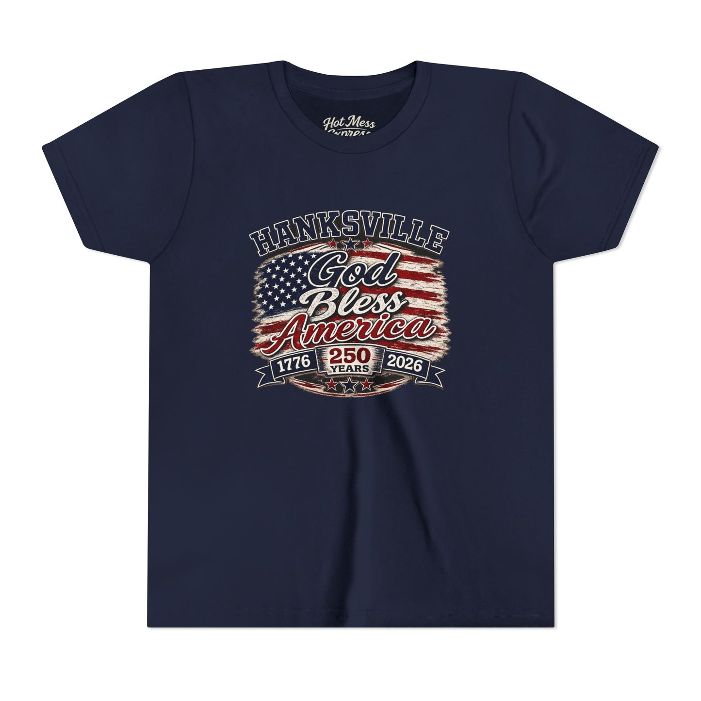Youth Tee - "God Bless America" Patriotic Flag Design (Hanksville 1776–2026)