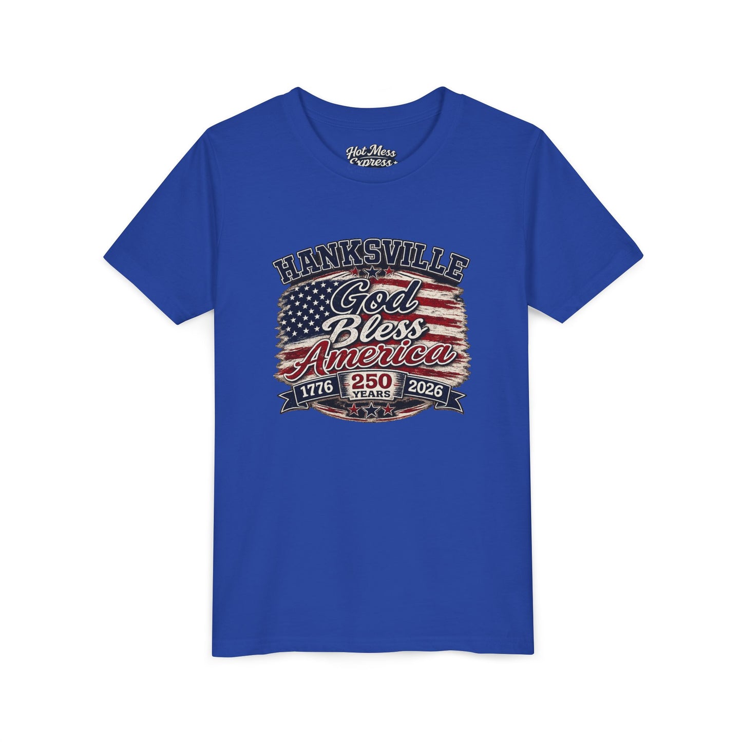 Youth Tee - "God Bless America" Patriotic Flag Design (Hanksville 1776–2026)