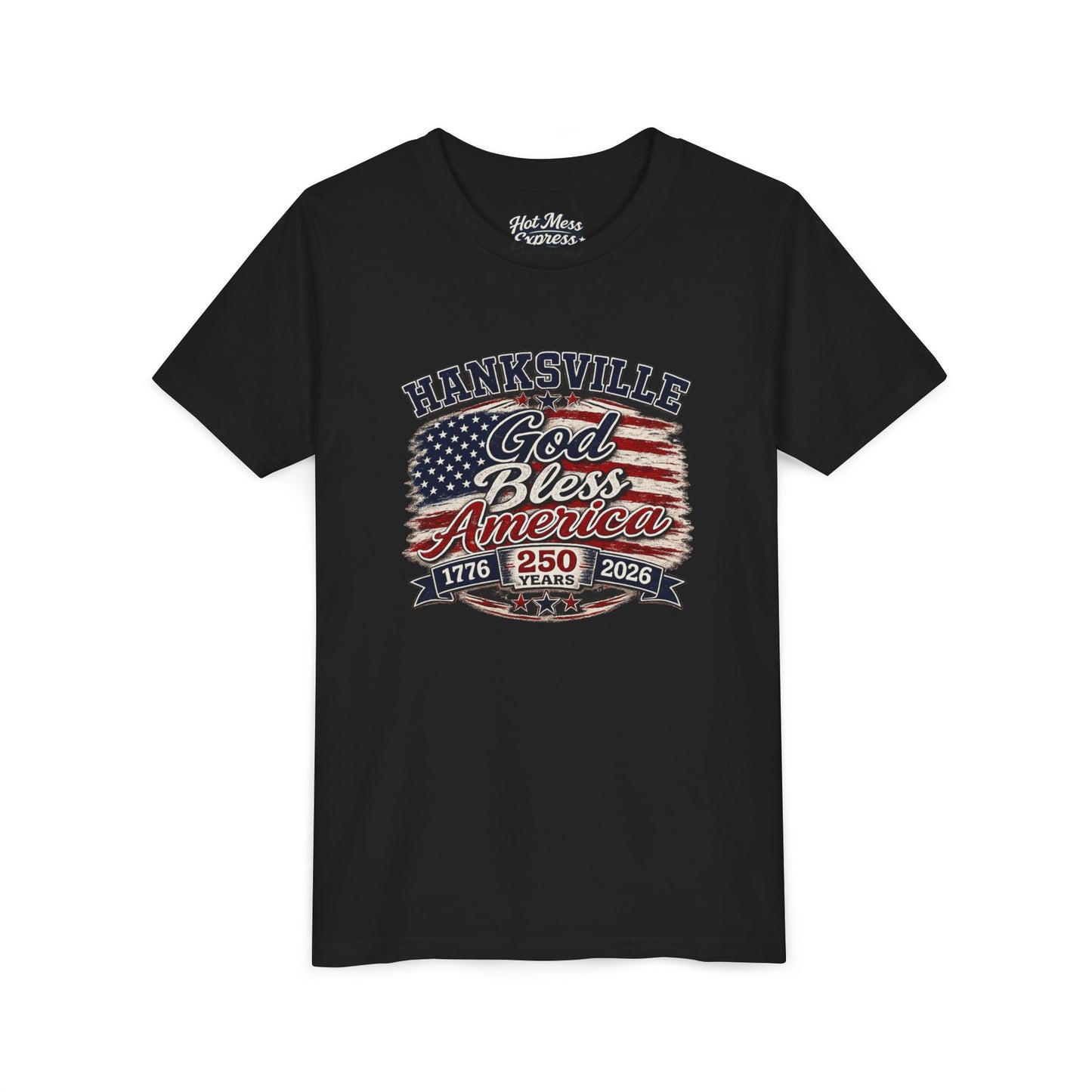 Youth Tee - "God Bless America" Patriotic Flag Design (Hanksville 1776–2026)