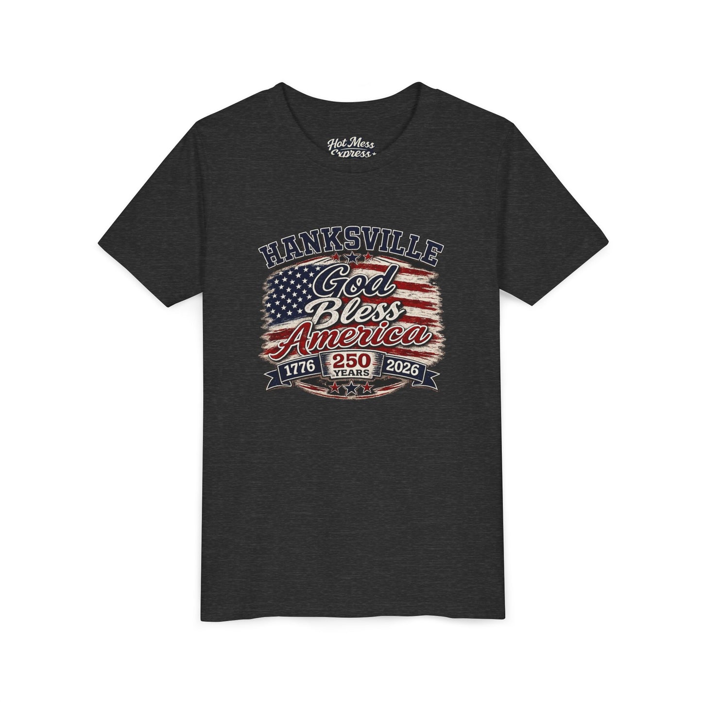 Youth Tee - "God Bless America" Patriotic Flag Design (Hanksville 1776–2026)