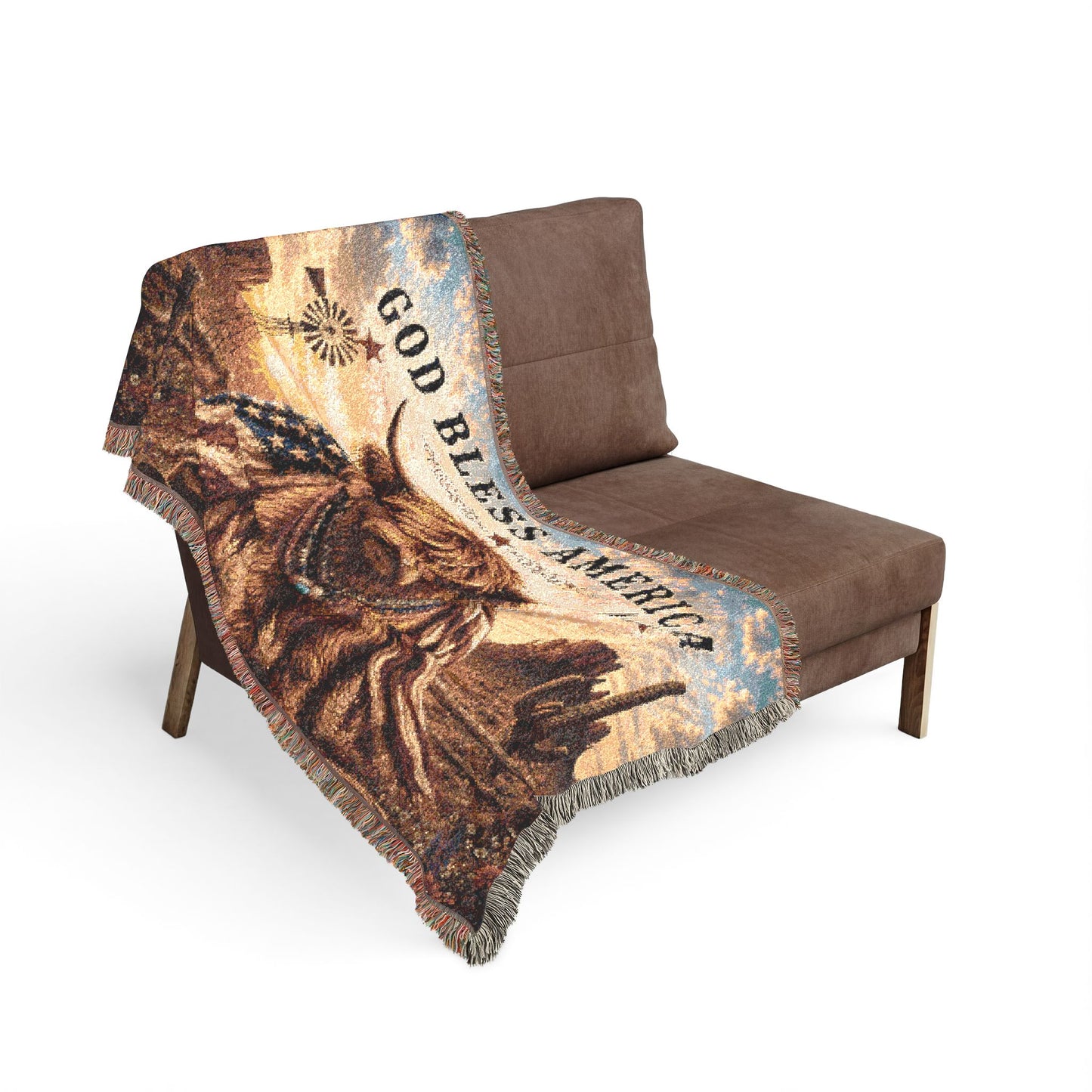 God Bless America Highland Cow Woven Blanket — Patriotic Western Throw