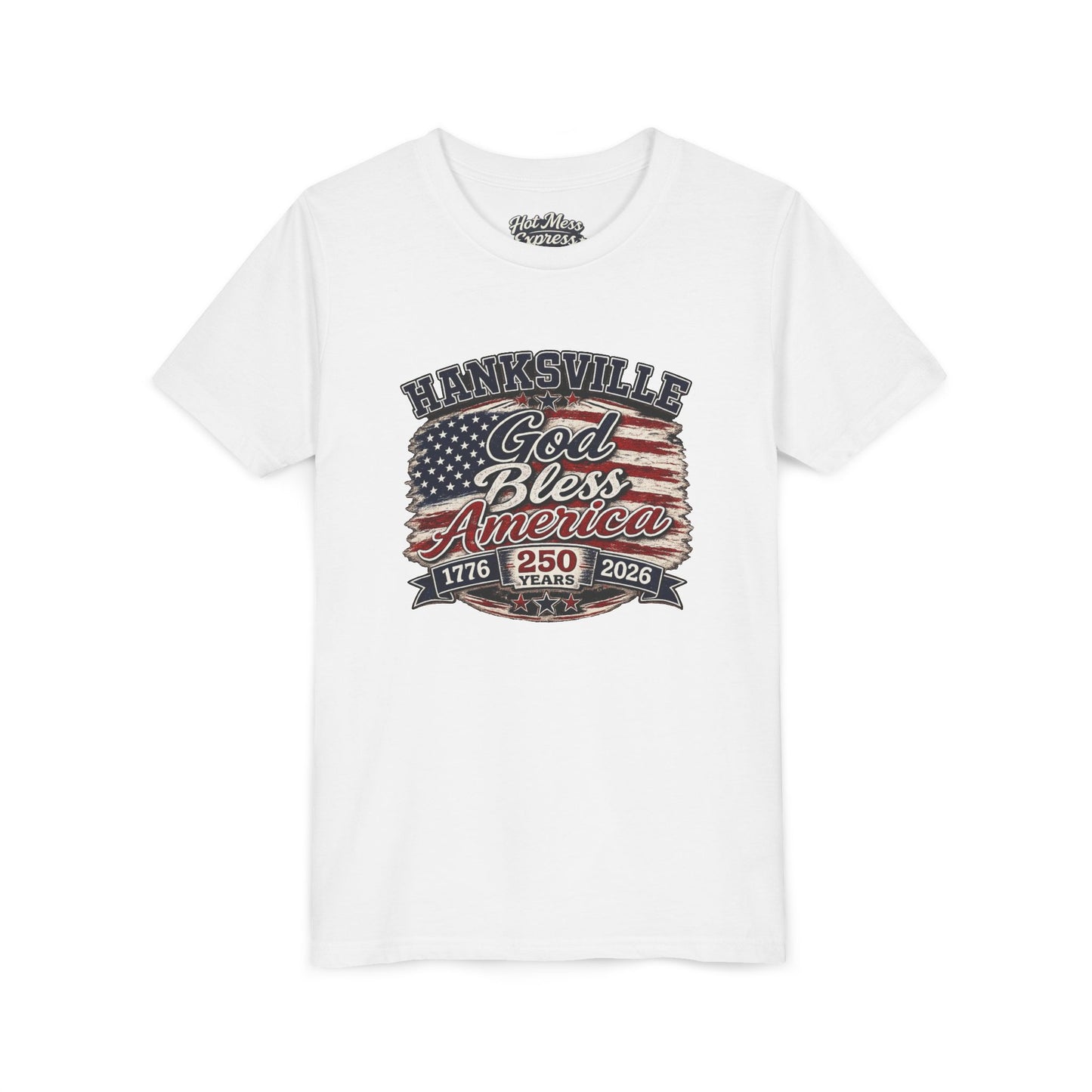 Youth Tee - "God Bless America" Patriotic Flag Design (Hanksville 1776–2026)