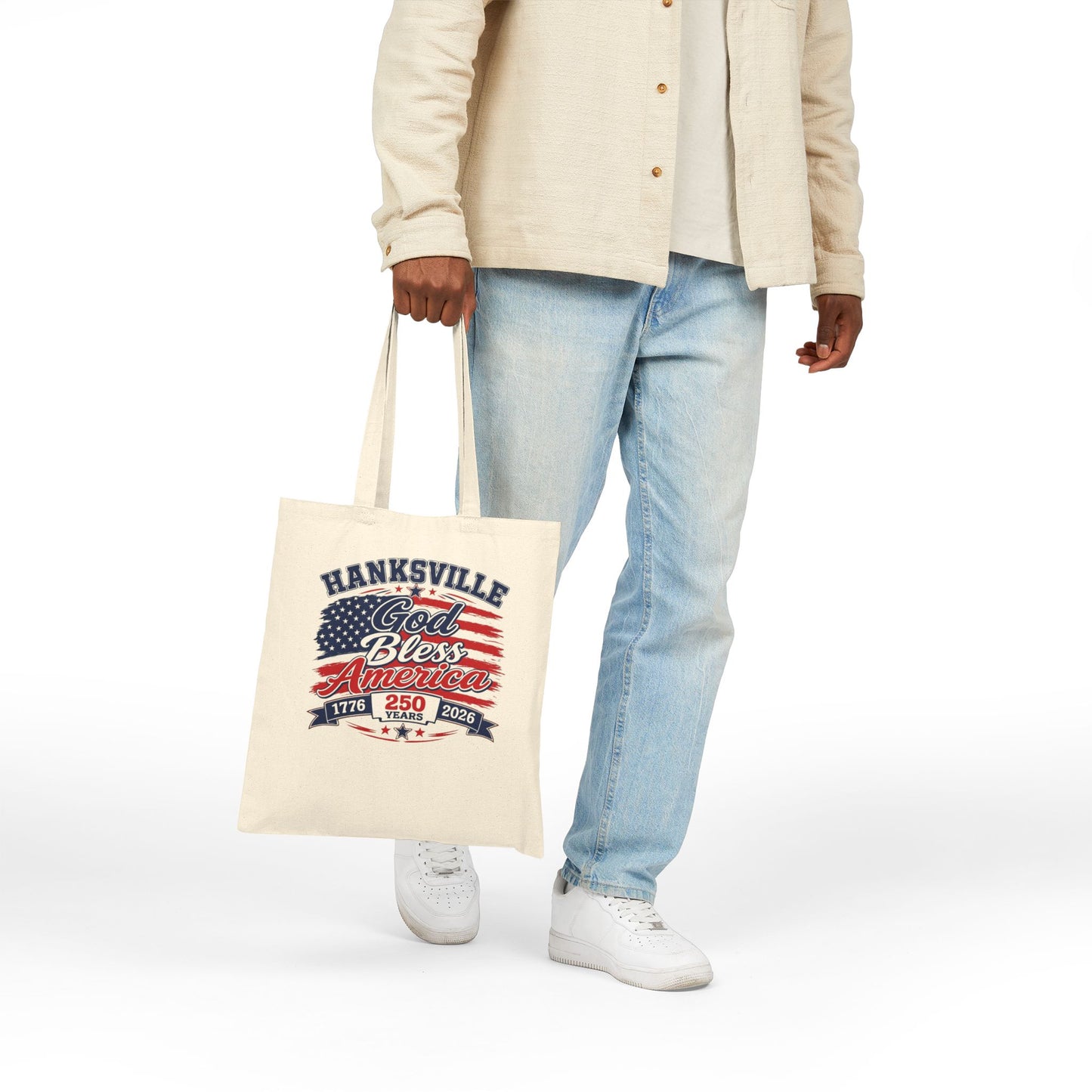 Hanksville "God Bless America" Patriotic Tote Bag — 250th Anniversary USA Flag Canvas Tote