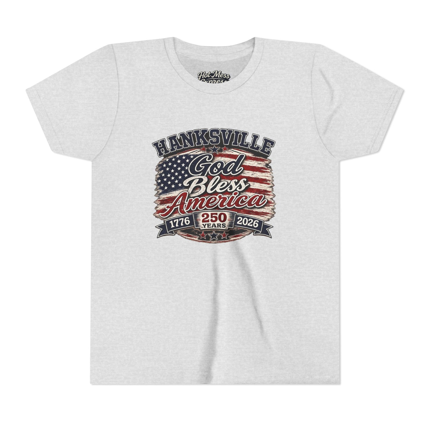 Youth Tee - "God Bless America" Patriotic Flag Design (Hanksville 1776–2026)