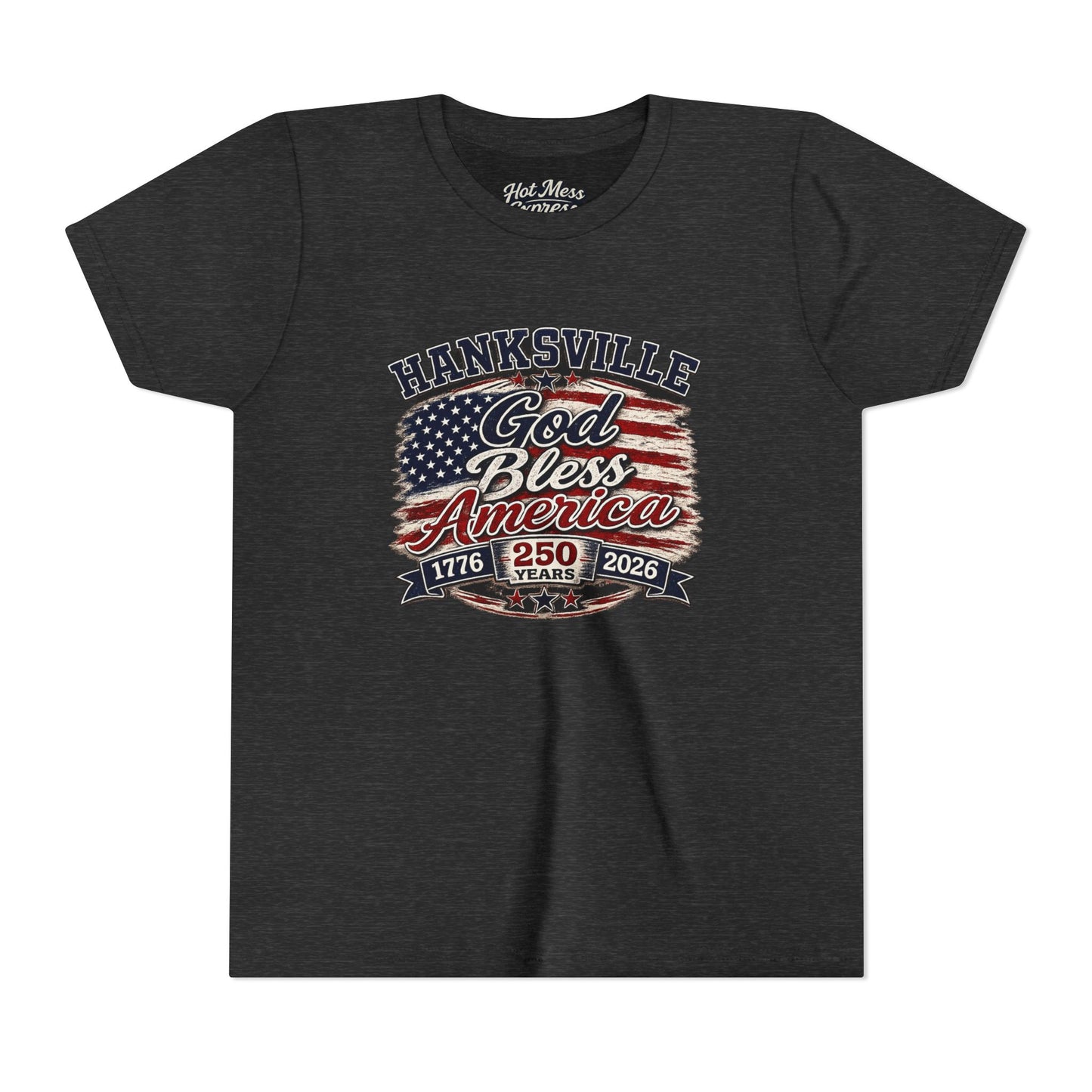 Youth Tee - "God Bless America" Patriotic Flag Design (Hanksville 1776–2026)