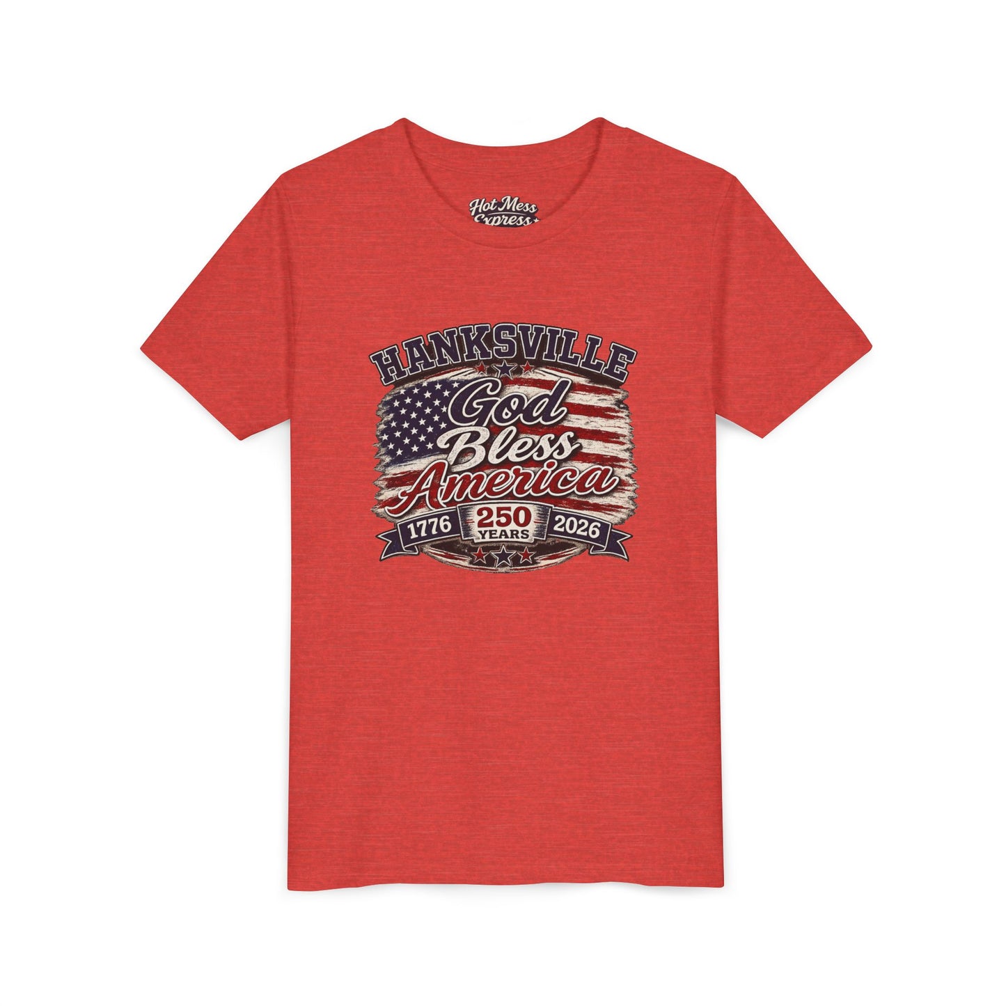 Youth Tee - "God Bless America" Patriotic Flag Design (Hanksville 1776–2026)