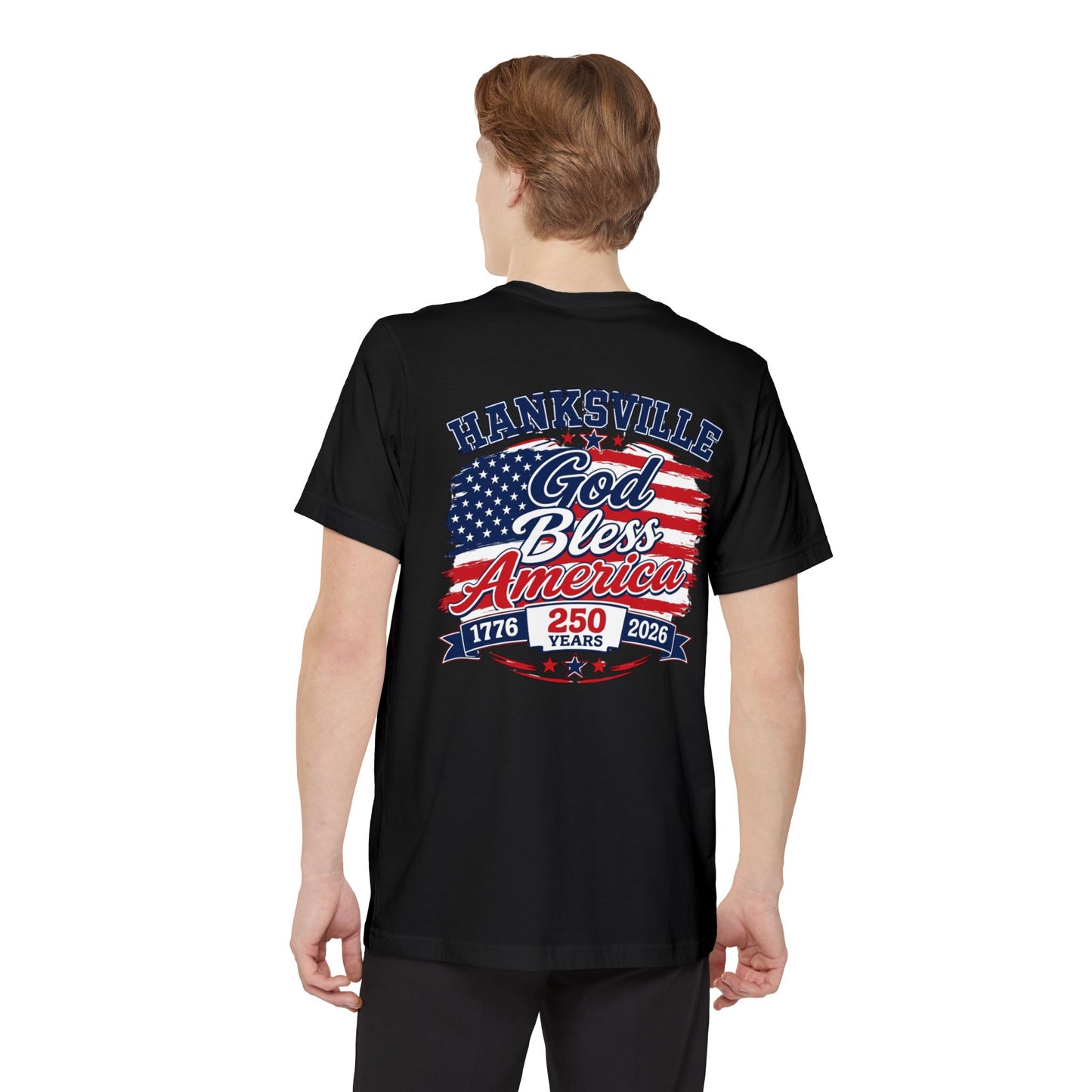God Bless America Pocket T-Shirt – Hanksville 250th Anniversary Patriotic Tee