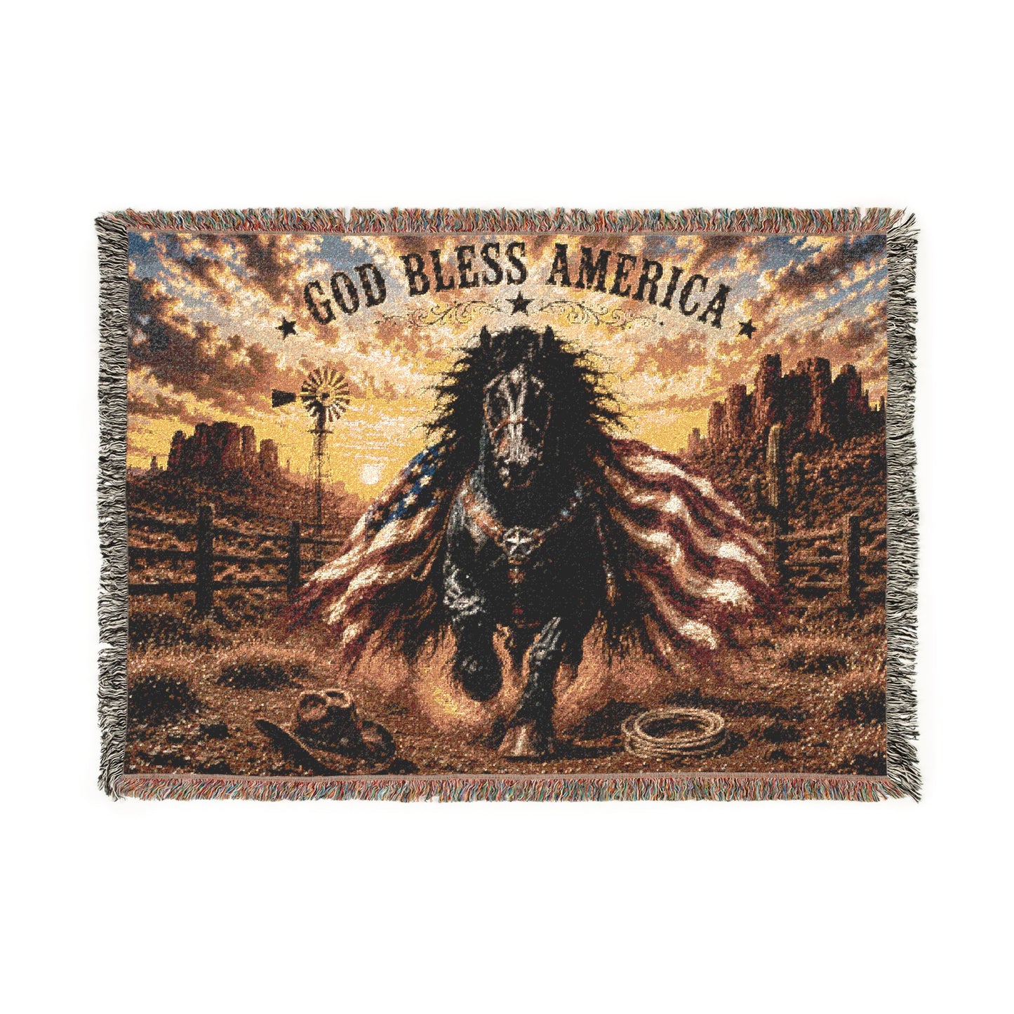 God Bless America Horse Woven Blanket – Patriotic Western Throw
