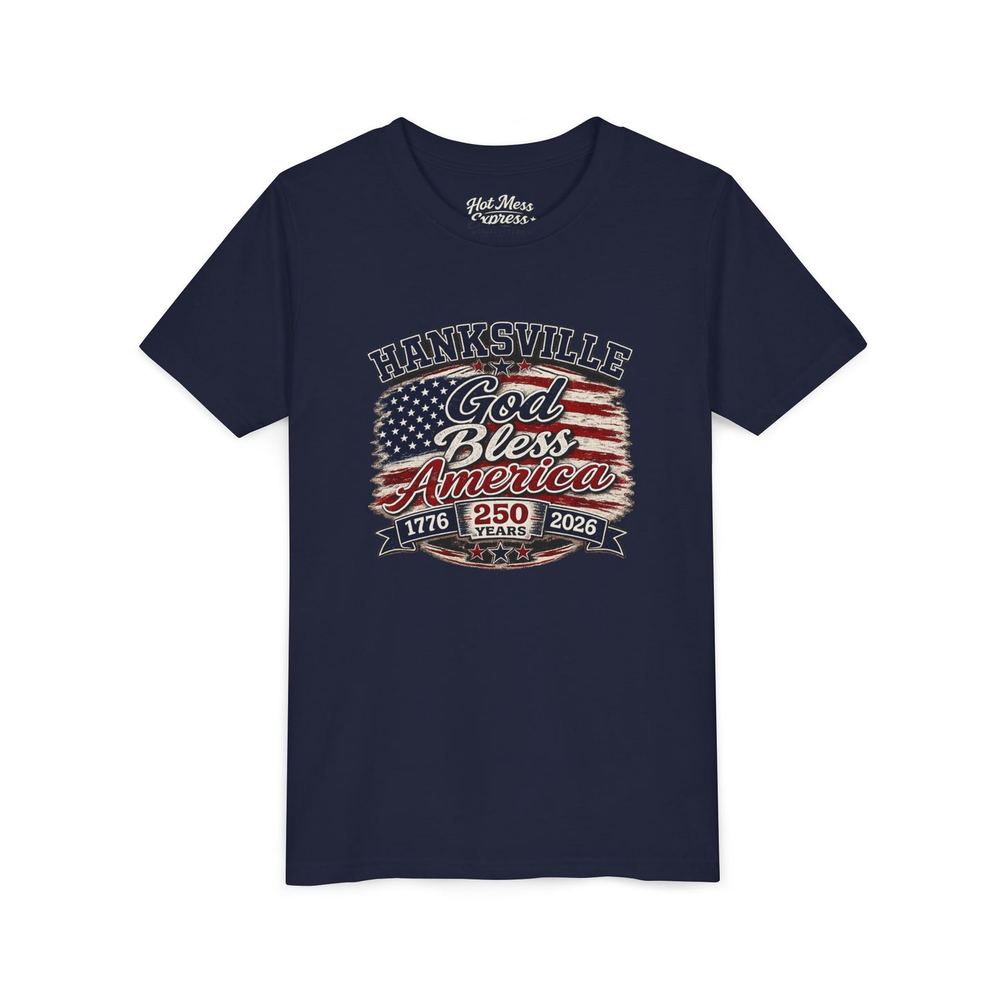 Youth Tee - "God Bless America" Patriotic Flag Design (Hanksville 1776–2026)
