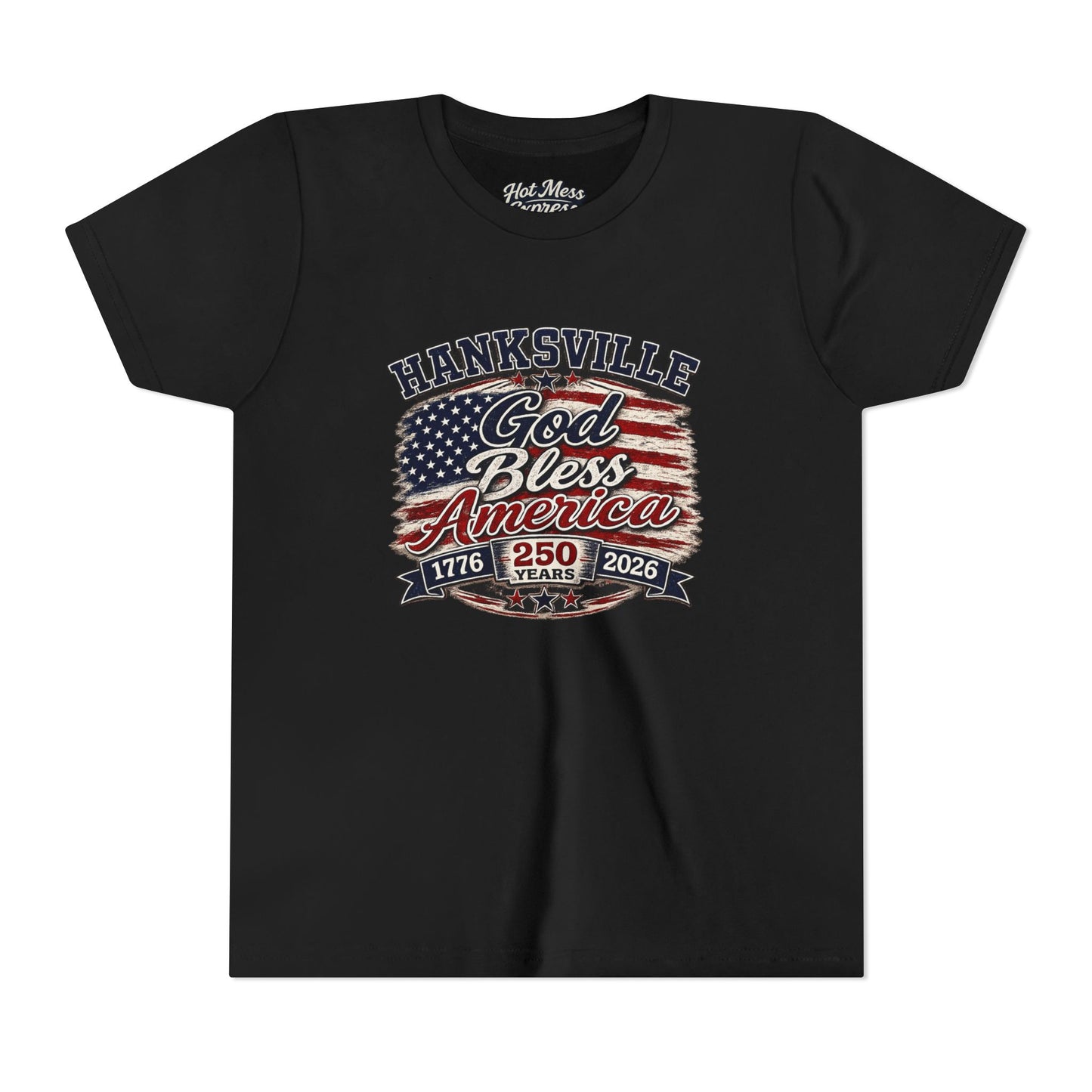 Youth Tee - "God Bless America" Patriotic Flag Design (Hanksville 1776–2026)