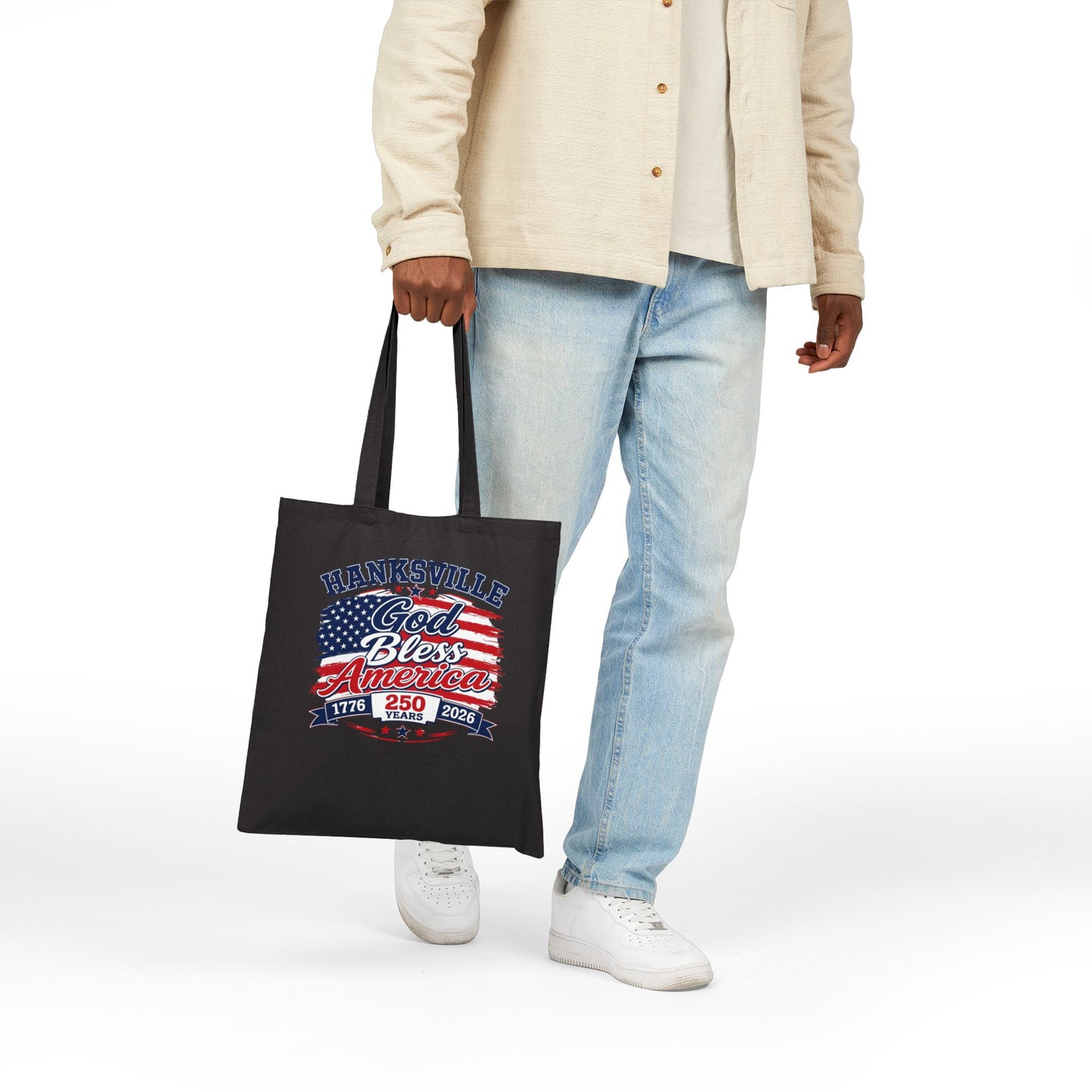 Hanksville "God Bless America" Patriotic Tote Bag — 250th Anniversary USA Flag Canvas Tote