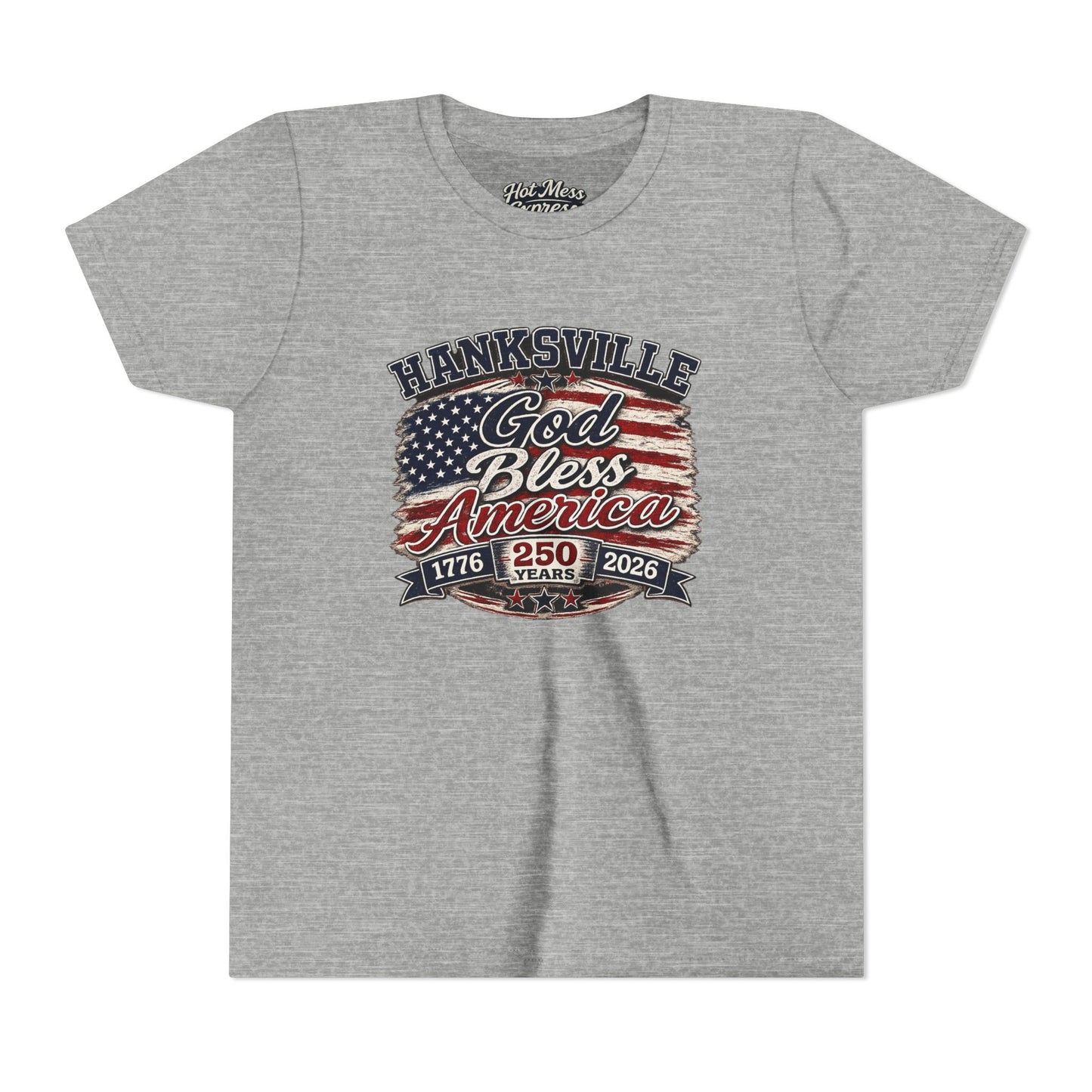 Youth Tee - "God Bless America" Patriotic Flag Design (Hanksville 1776–2026)