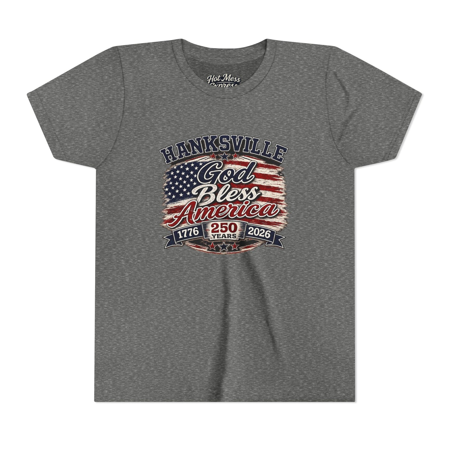 Youth Tee - "God Bless America" Patriotic Flag Design (Hanksville 1776–2026)
