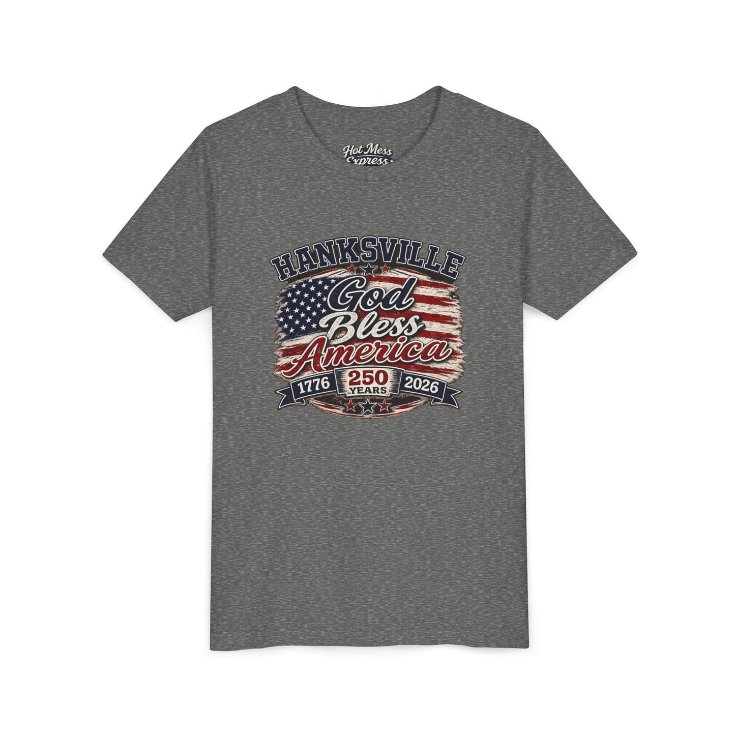 Youth Tee - "God Bless America" Patriotic Flag Design (Hanksville 1776–2026)