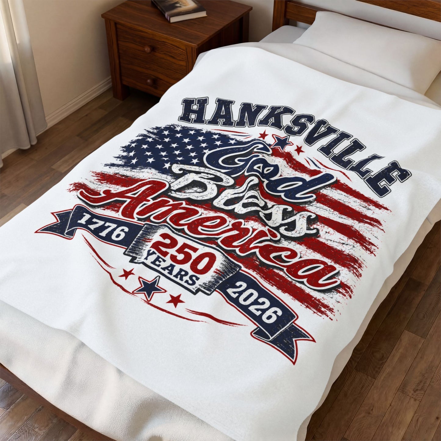 Velveteen Plush Blanket – God Bless America 250th Anniversary Patriotic Throw (Hanksville, 1776–2026)