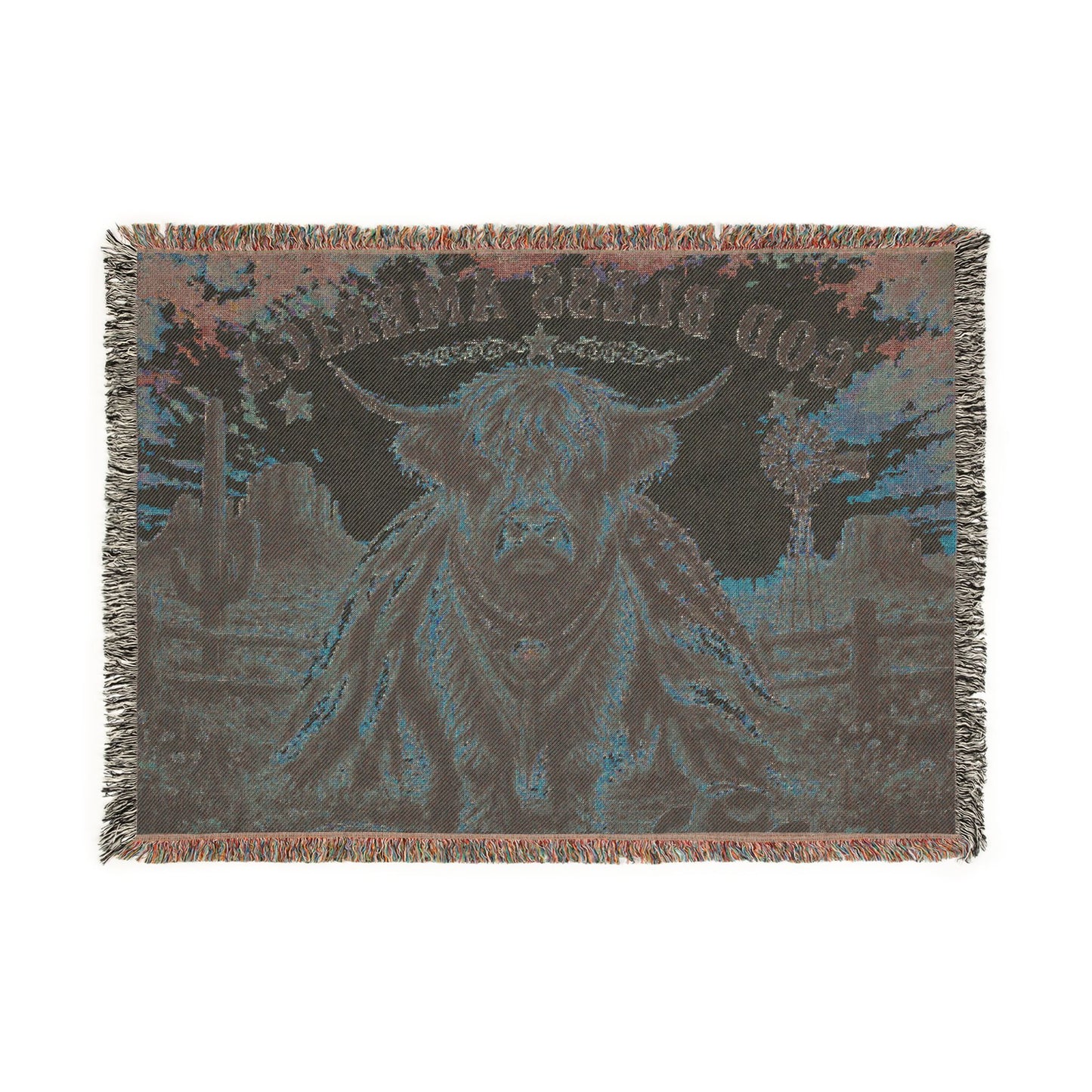 God Bless America Highland Cow Woven Blanket — Patriotic Western Throw