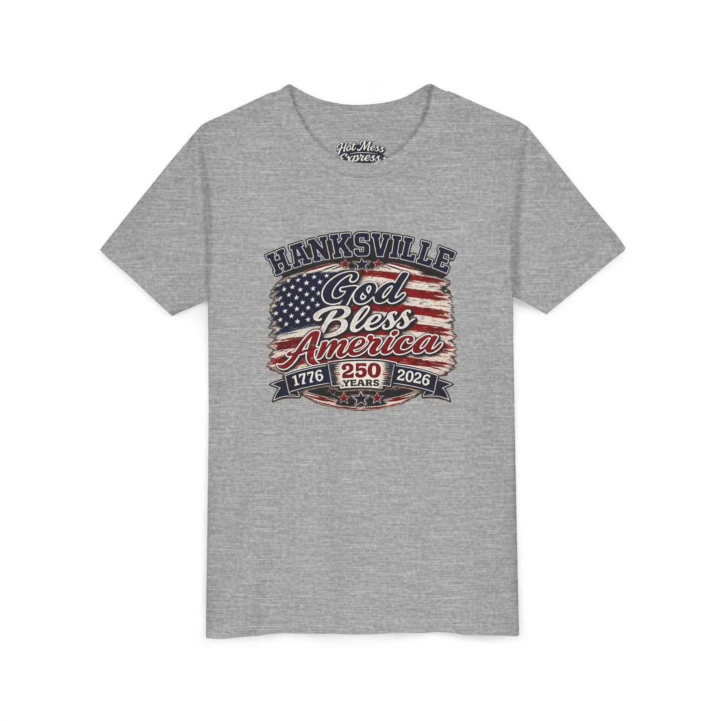 Youth Tee - "God Bless America" Patriotic Flag Design (Hanksville 1776–2026)