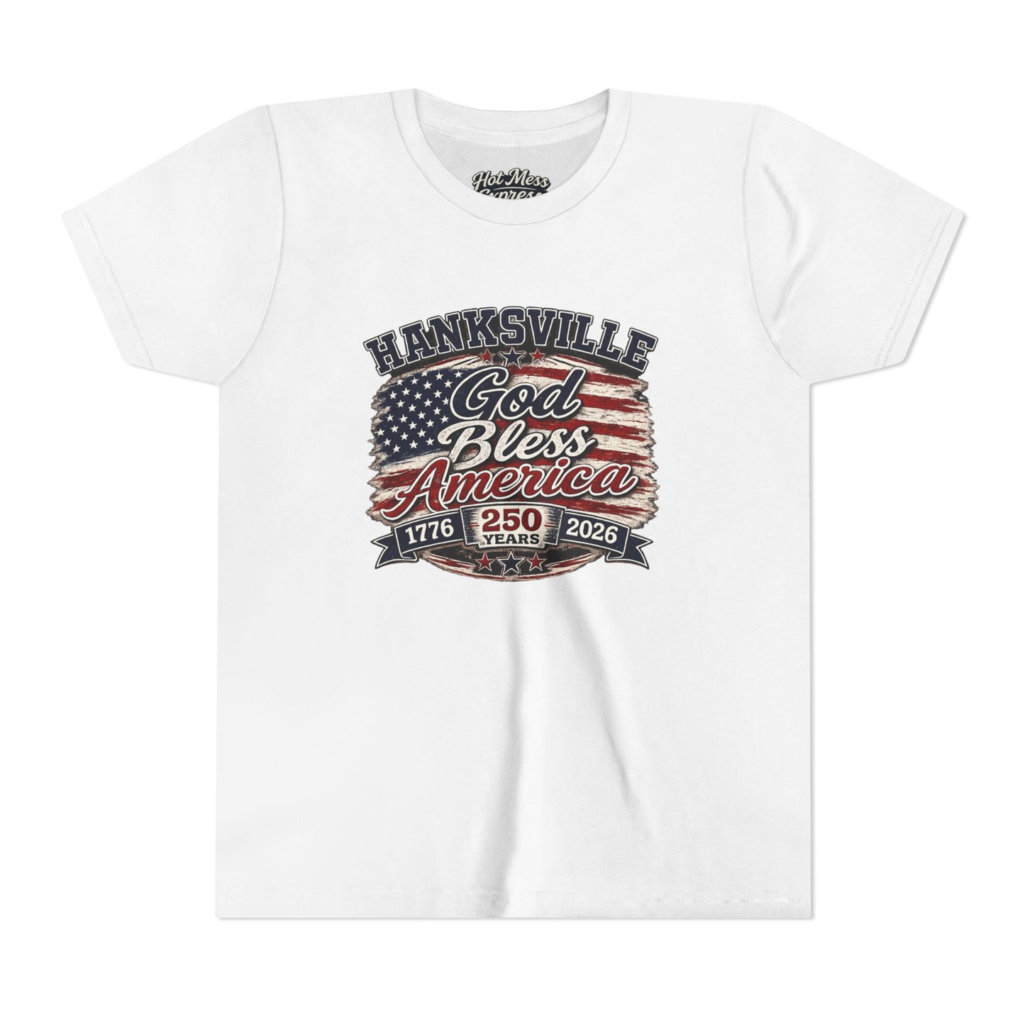 Youth Tee - "God Bless America" Patriotic Flag Design (Hanksville 1776–2026)