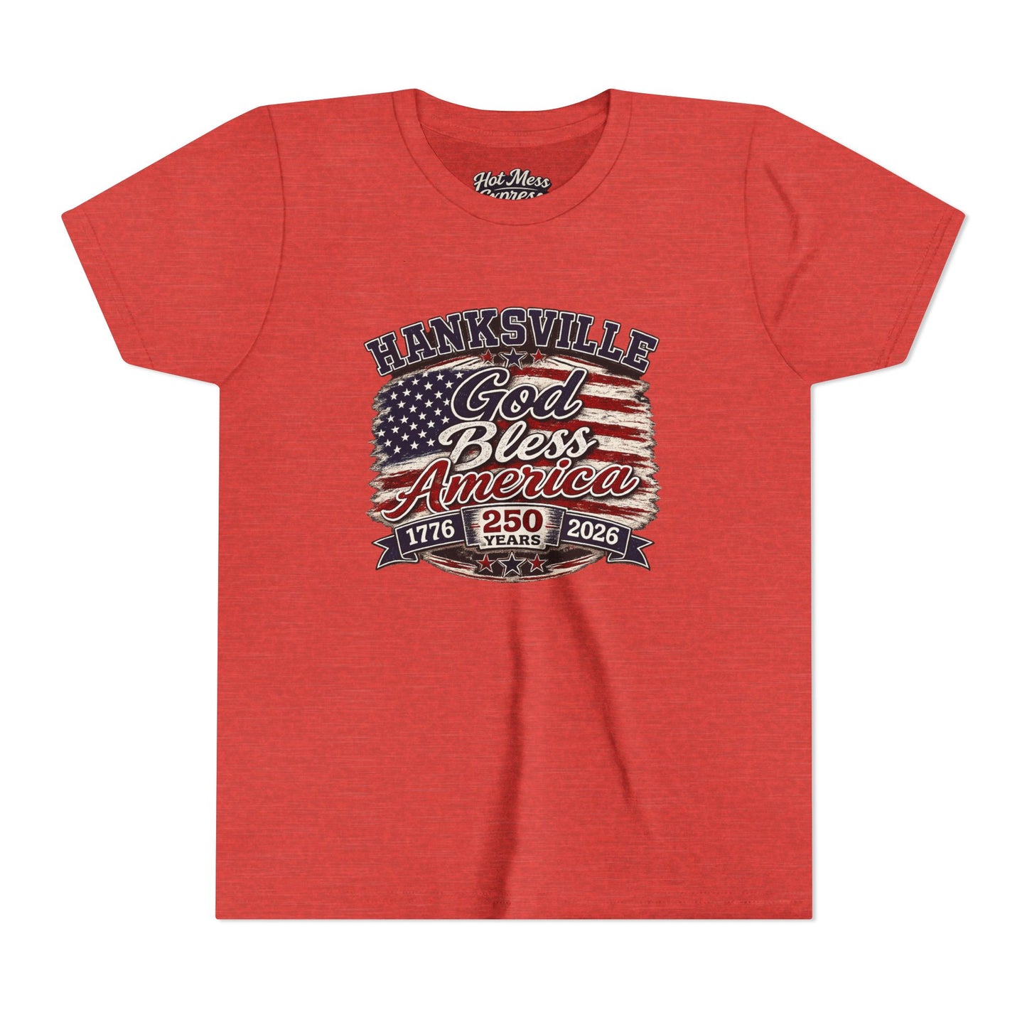 Youth Tee - "God Bless America" Patriotic Flag Design (Hanksville 1776–2026)